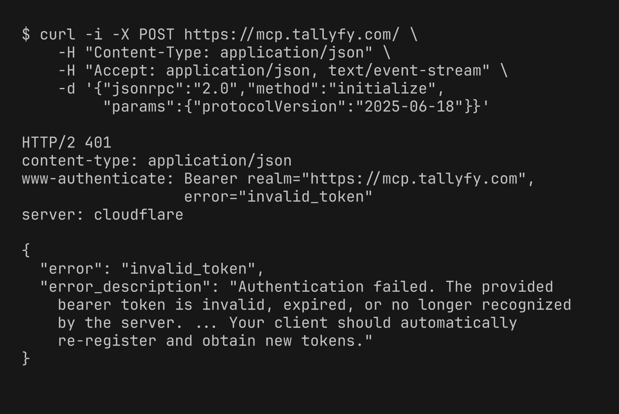 curl POST to mcp.tallyfy.com returns HTTP 401 with a WWW-Authenticate Bearer header pointing to the OAuth realm