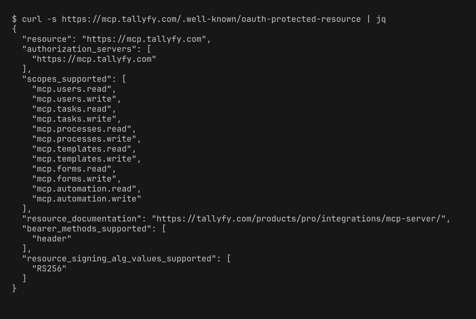 curl of the .well-known oauth-protected-resource endpoint on mcp.tallyfy.com showing the authorization server and granular read and write scopes per resource type