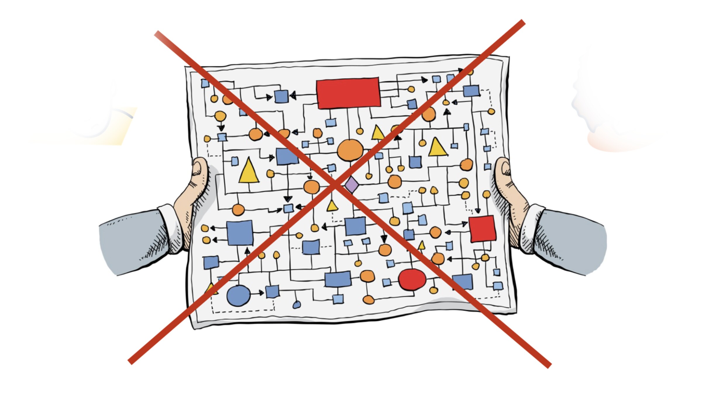 Dense legacy BPMN flowchart crossed out with a giant red X - what BPM feels like to use