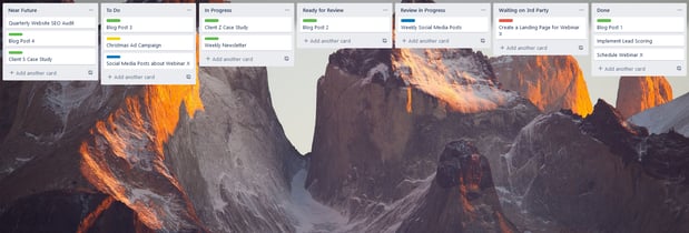 Trello board with multiple lists and cards showing project complexity