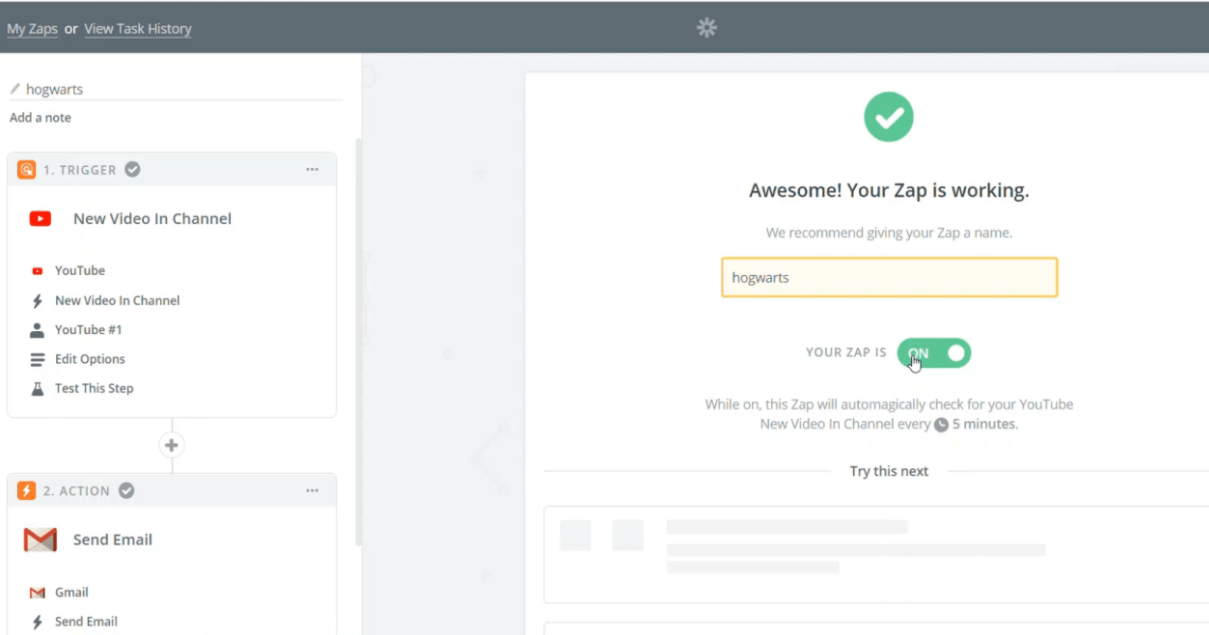 Zapier success confirmation screen: Awesome! Your Zap is working with toggle enabled for YouTube automation