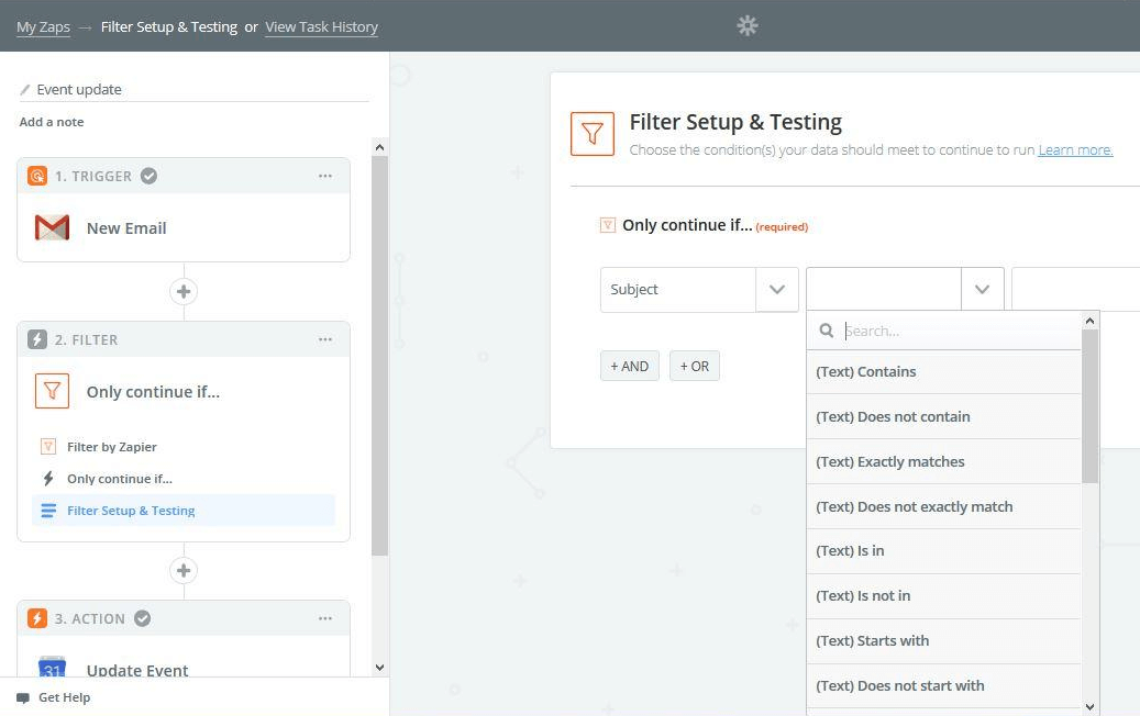 Zapier email filter setup showing Gmail trigger with subject line filtering options and conditional logic