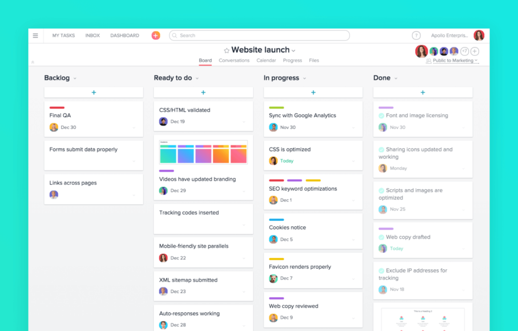 Asana project board showing website launch workflow with backlog, ready to do, in progress, and done columns