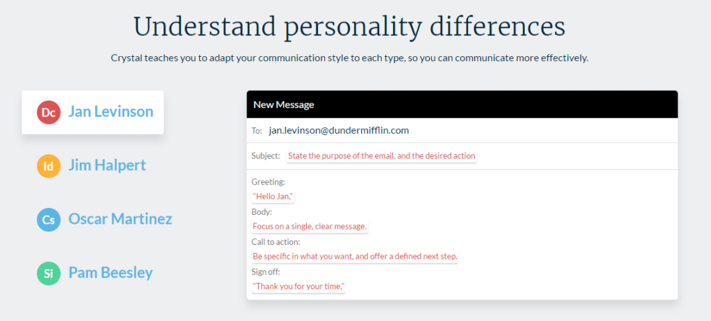 Crystal app interface showing personality-based email templates for Jan Levinson with greeting, body, and call to action