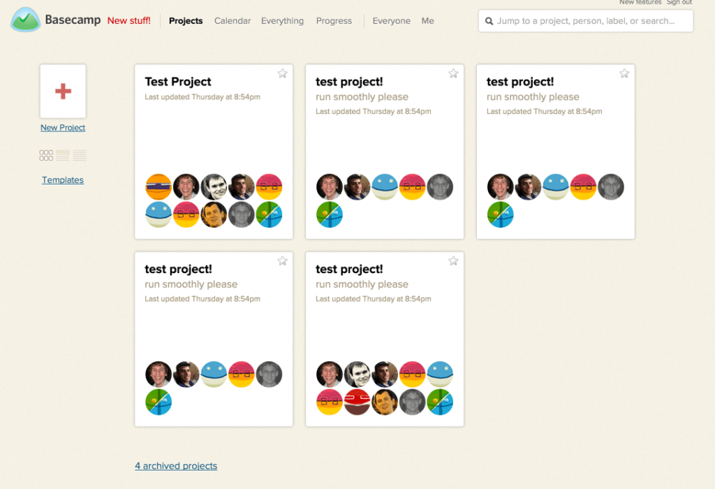 Basecamp project dashboard displaying multiple test project cards with team member avatars and Templates/New Project options in sidebar