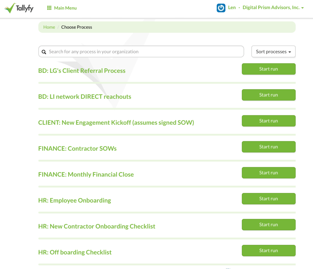 Tallyfy process library showing business processes like referral tracking, network outreach, employee onboarding with start run buttons
