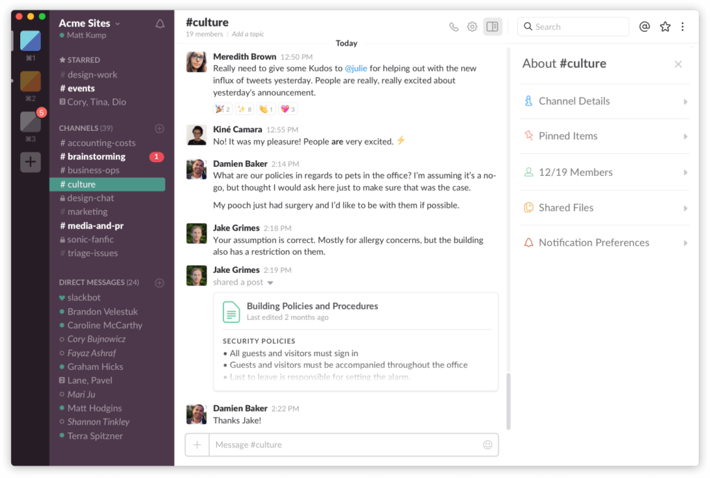 Slack team communication showing channel discussion about office pet policies with document sharing and member sidebar