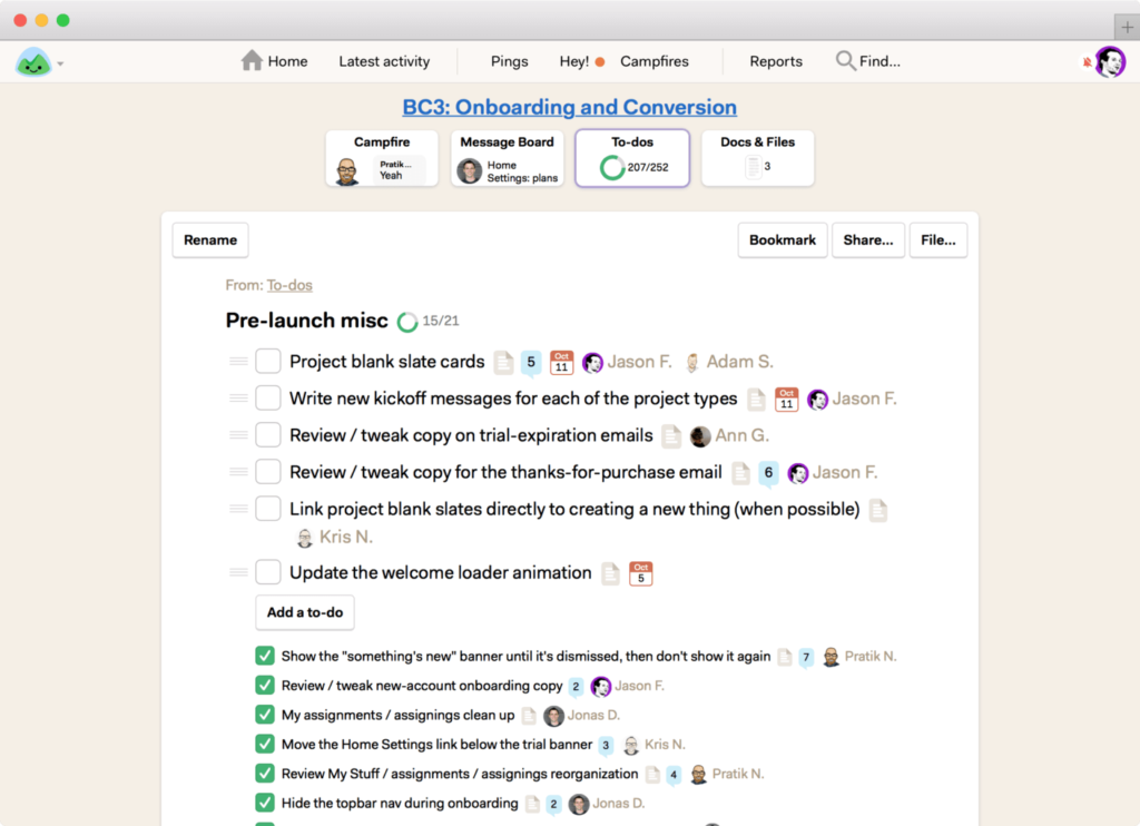 Basecamp project management to-do list for BC3 Onboarding showing pre-launch tasks with assignees and completion status