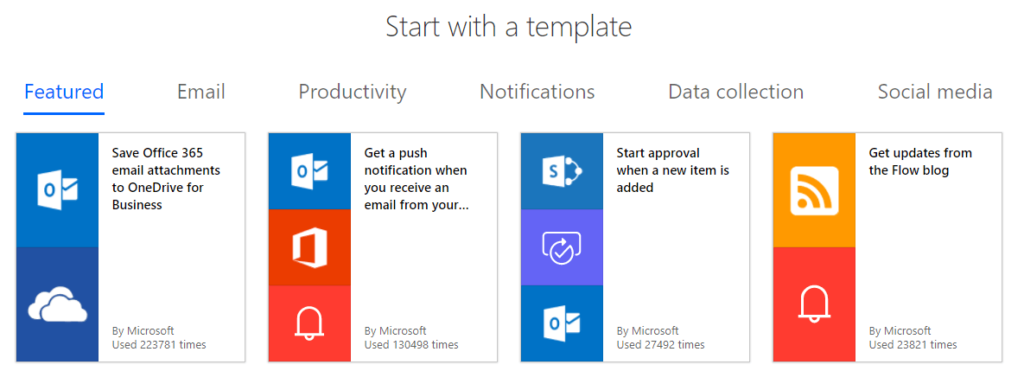 Microsoft Flow template gallery showing email, productivity, notifications, data collection, and social media automation templates