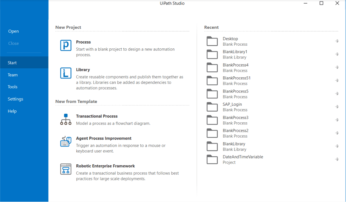 UiPath Studio new project screen showing process, library, and template options with recent files