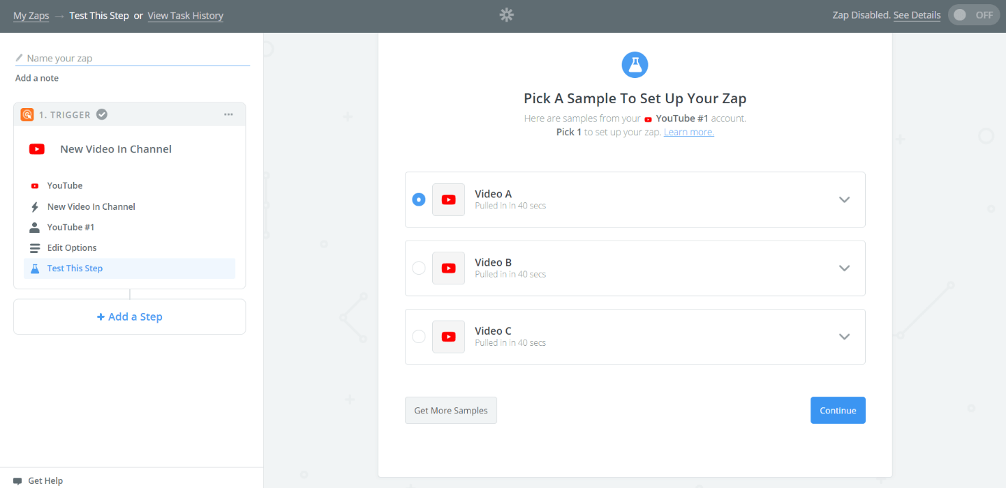 Zapier YouTube trigger configuration showing sample video selection interface with three video options from connected account