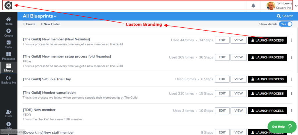 Tallyfy blueprint list showing custom branding feature with multiple process templates for Guild member onboarding and management