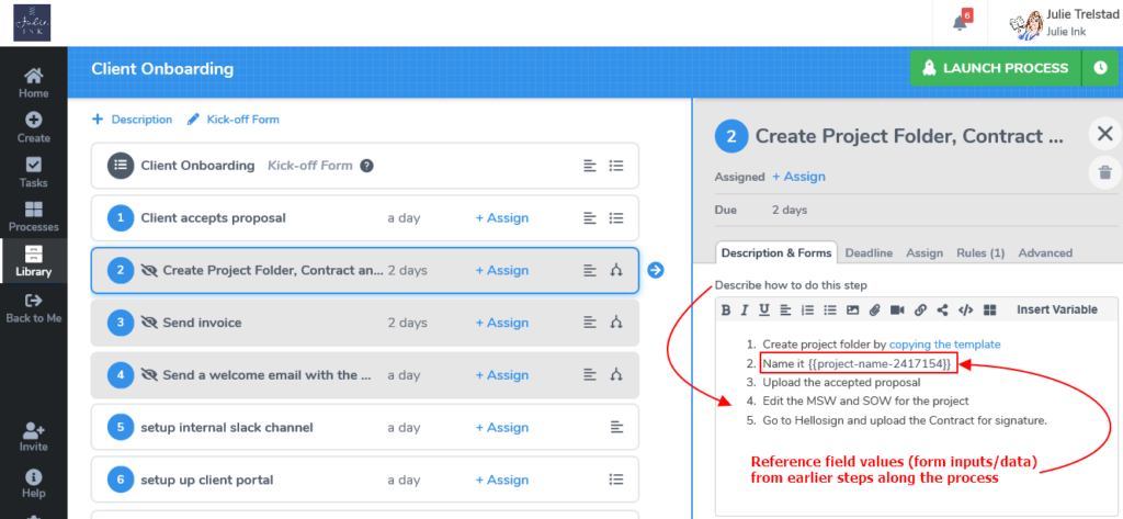 Tallyfy client onboarding workflow showing 6 steps with assignment and deadline tracking and reference field values feature