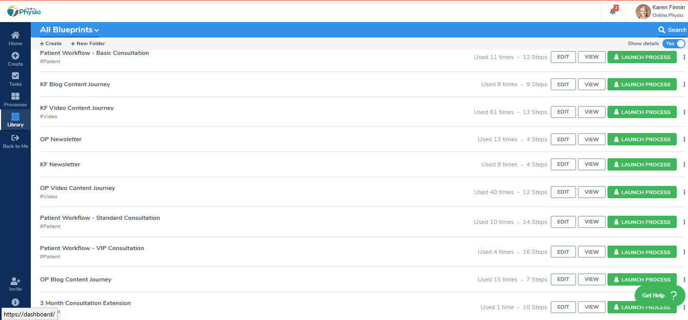 Online Physio blueprint library showing patient workflows with usage counts and launch process buttons