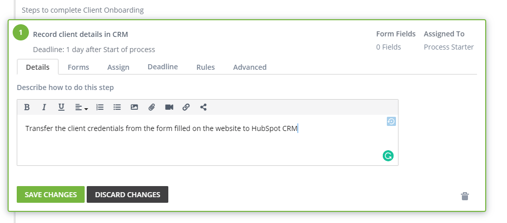 Tallyfy step detail editor showing CRM data transfer task with description, forms, assignment, deadline, and rules tabs