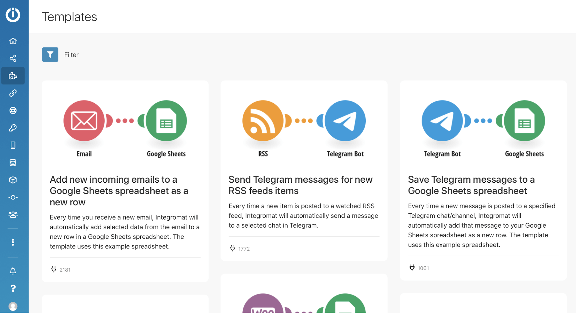 Make automation templates showing Email to Google Sheets, RSS to Telegram, and Telegram to Sheets workflows